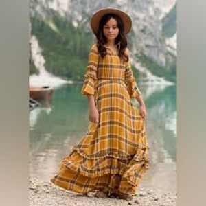 Joyfolie Mia Joy 3t girls maxi dress yellow and navy blue plaid ruffle